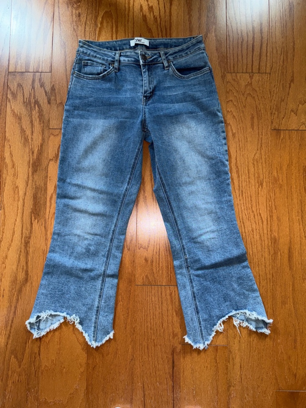 YMC Women's Blue Washed Semi Capri Jeans with Frayed Split Hem